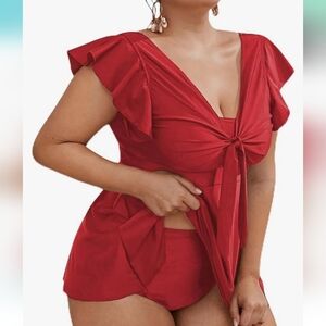 PLUS SIZE Red Ruffled Swimwear Set